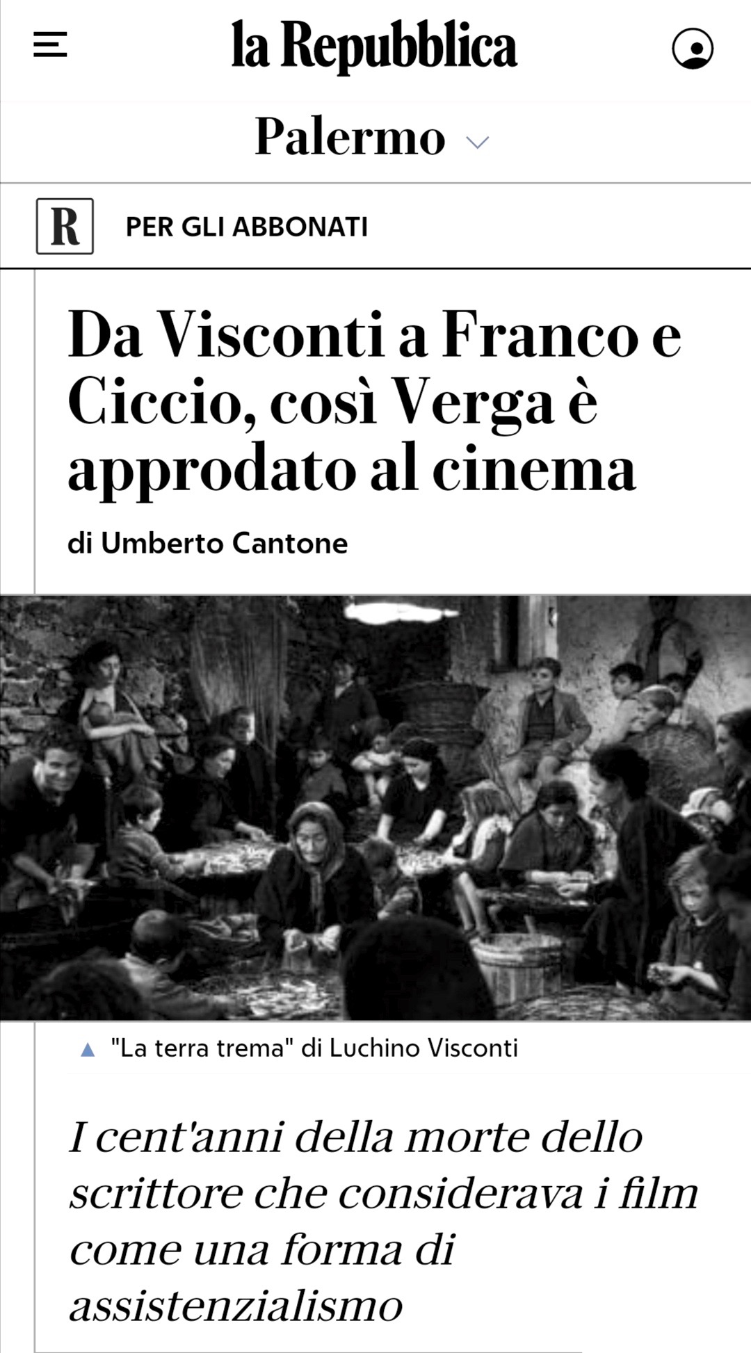 Da Visconti a Franco e Ciccio, così Verga è approdato al cinema, in “la Repubblica-Palermo”, 26 gennaio 2022