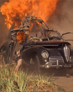 MICHAEL is thrown backward. the car is enveloped in smoke and flames. FADE OUT.